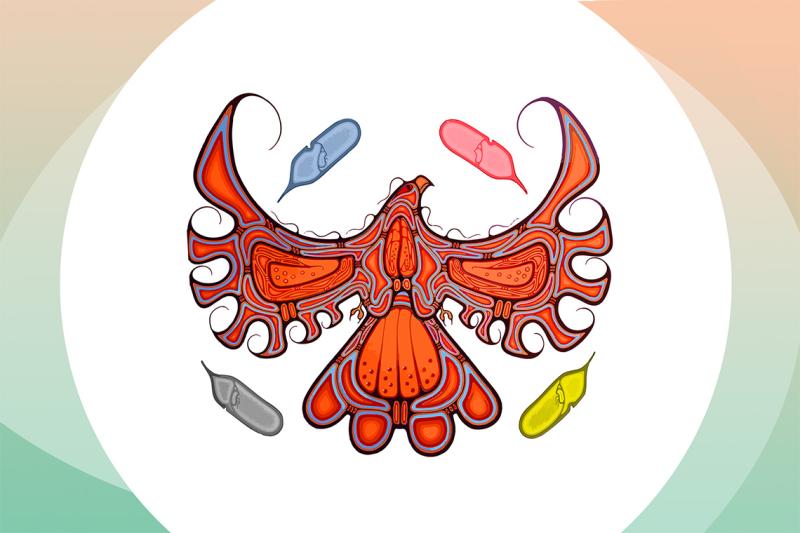 An artwork shows a stylized bird with spread wings, and four feathers in sacred colours: blue, red, yellow, black.