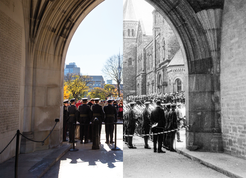 The Soldiers' Tower archway in its early days and now