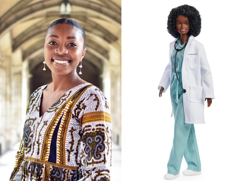 Side-by-side images: portrait of Chika Stacy Oriuwa and image of her barbie doll wearing scrubs, white coat and stethoscope.