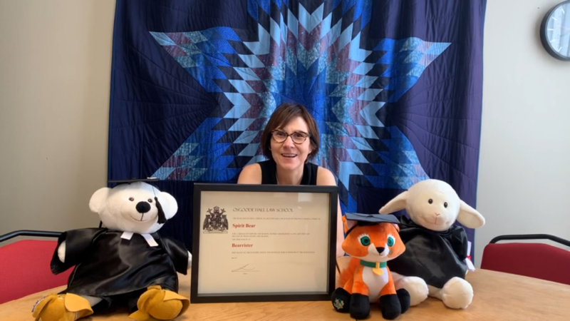Cindy Blackstock smiles in front of a quilt with a star pattern. On her desk are stuffed animals in academic robes and hats.