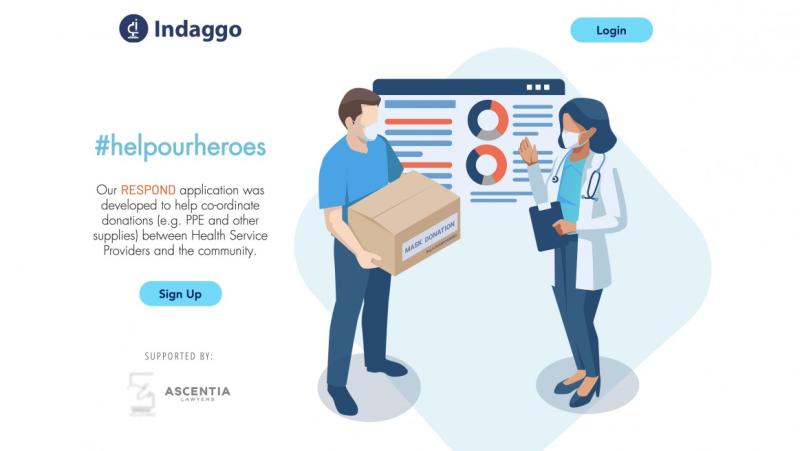A screenshot of the Indaggo website shows an illustration of a man in a mask delivering a box to a masked doctor.