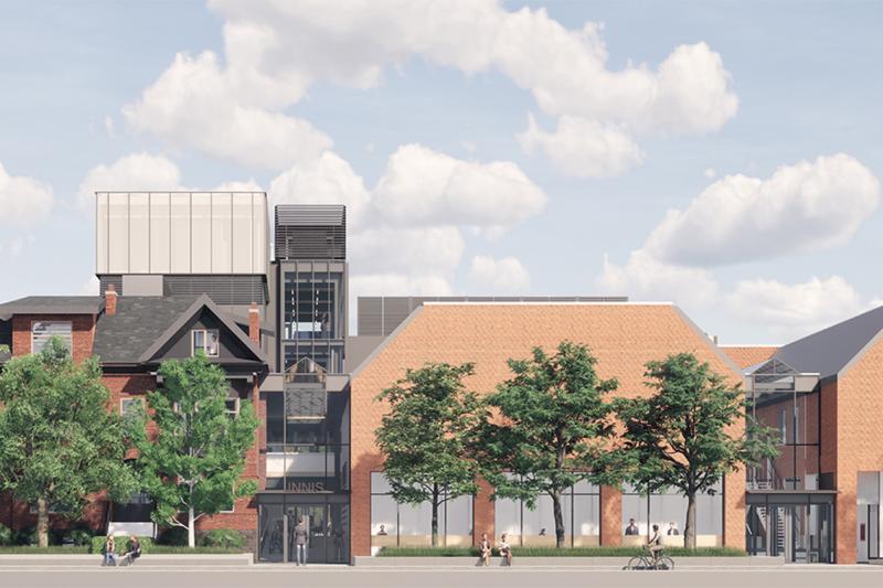 An illustration of the planned Innis College renewal shows a glass-walled stairwell connecting heritage and modern buildings.