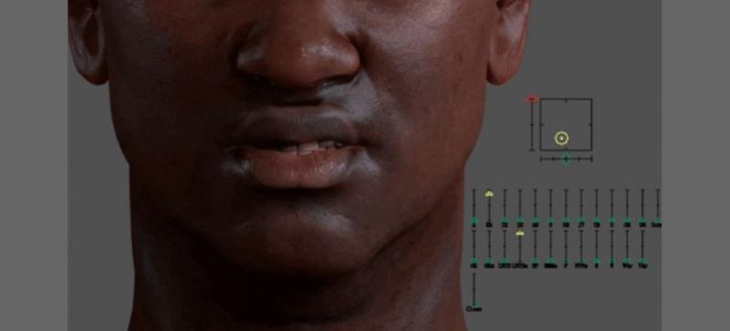 Close-up on the lower face of an animated male figure, mid-speech. An array of sliders to one side move up and down.