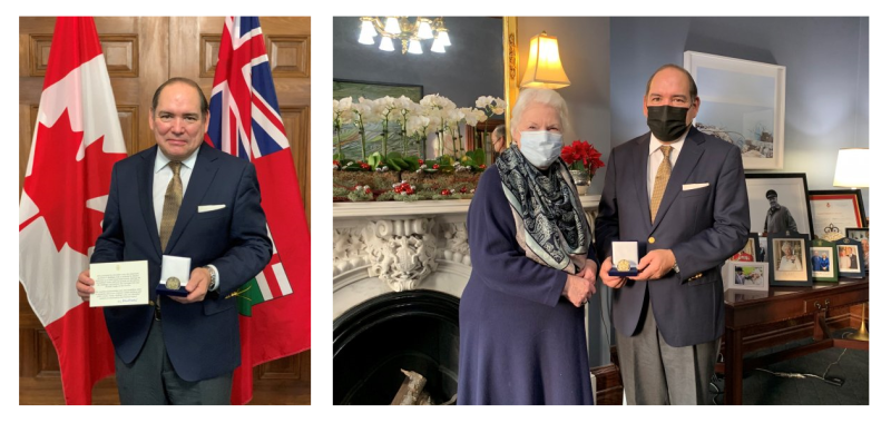 Side-by-side images: James Bird holds a ceremonial coin, James Bird with Elizabeth Dowdeswell wear masks and stand together.