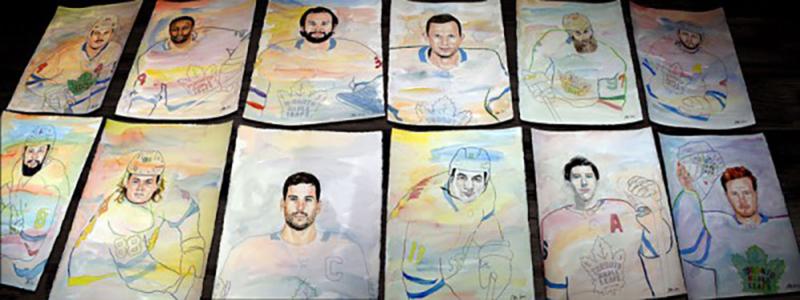 A dozen watercolour portraits of hockey players, laid out on a table. Each has a photorealistic face and a stylized body.