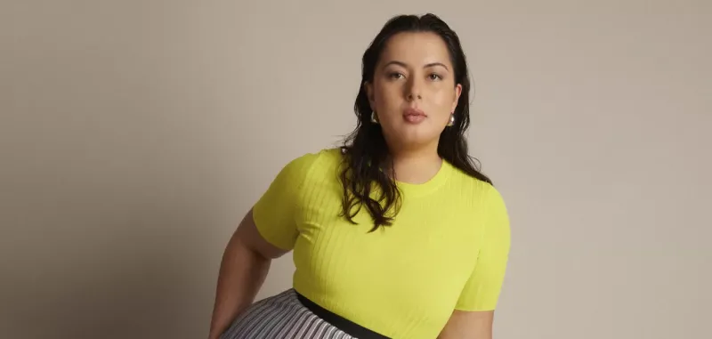 A model wearing Lesley Hampton's designs