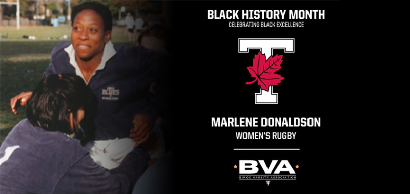 Composite image: Marlene Donaldson smiling on a rubgy field and text that reads: Black History Month, Marlene Donaldson.