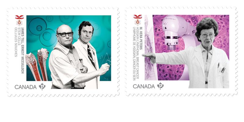 Two stamps: James Till and Ernest McCulloch with a bone cross-section, and Vera Peters with a radiation machine.