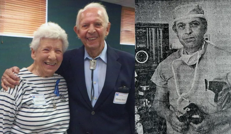 A current day photo of Murray with a woman and an archival photo of Murray in medical scrubs