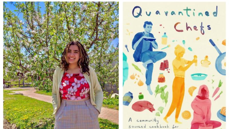 A double image: Rajpreet Sidhu smiles, standing in a park. The cover of Quarantined Chefs: A community sourced cookbook.