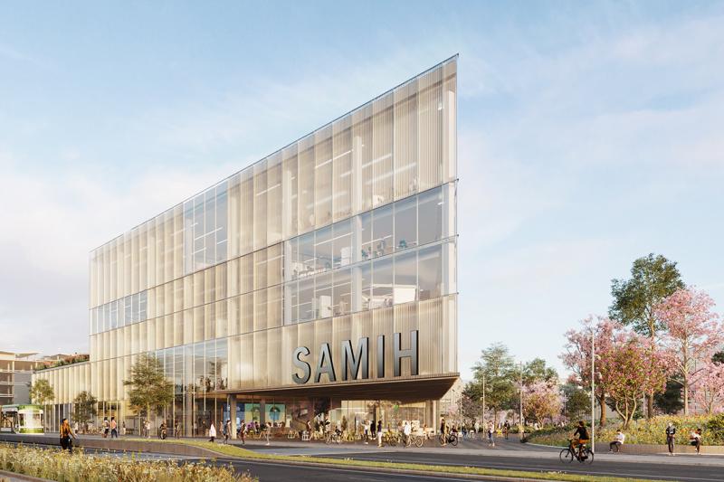 Artist's illustration of a modern, wedge-shaped building with big letters on the side: S.A.M.I.H.