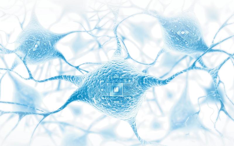 An imaginative illustration shows connected neuron cells with circuit boards inside them.