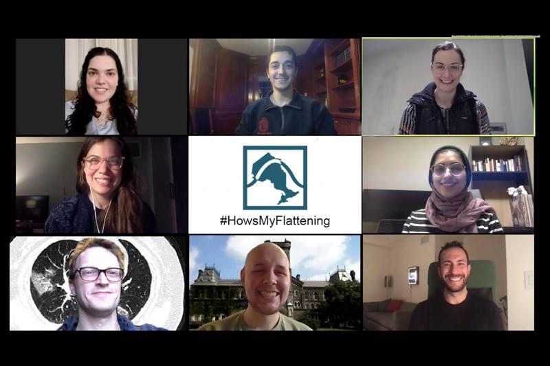 A screenshot shows eight people each joining in a video chat.