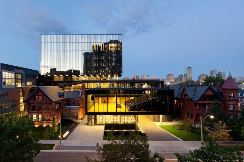 An artist's illustration of the Rotman School of Management buildings, melding heritage and modern structures.