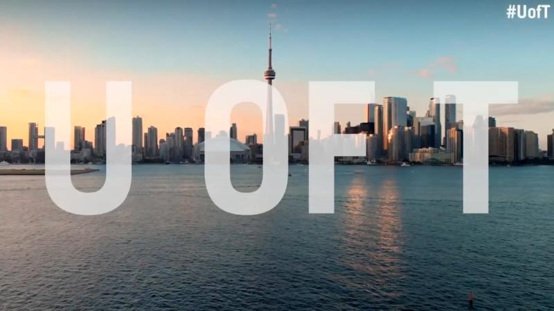 The letters U of T appear superimposed across Toronto's lakefront skyline, with the sun setting.