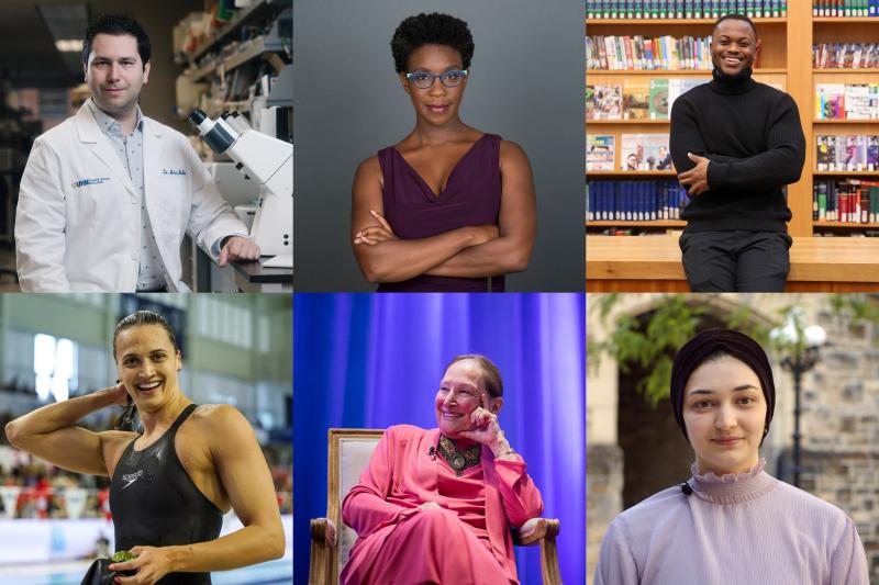 a grid of six photos, featuring a white doctor in his lab, a black woman playright, a black male author in a library, a white female swimmer next to a pool, a white woman sitting in a chair and a hijabi arab woman