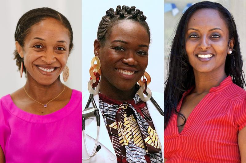 Side-by-side portraits of Aisha Lofters, Onye Nnorom and Azza Eissa, all smiling.
