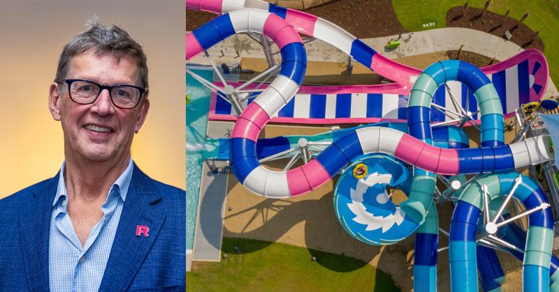 A headshot of Geoff Chutter next to a photo of interconnected, twisty water slides.