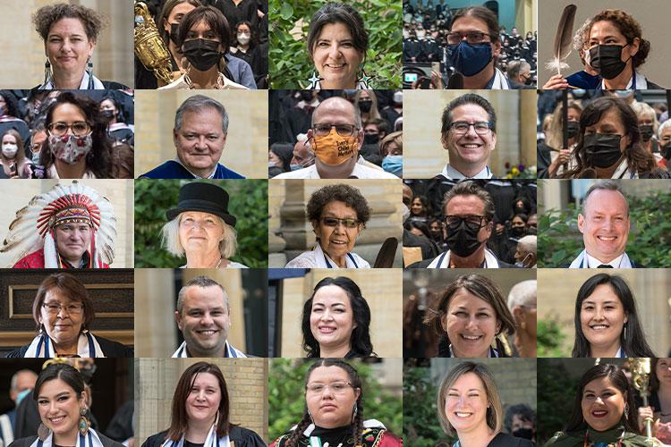 Composite image: portraits of 25 people selected to be Eagle Feather Bearers at Convocation.