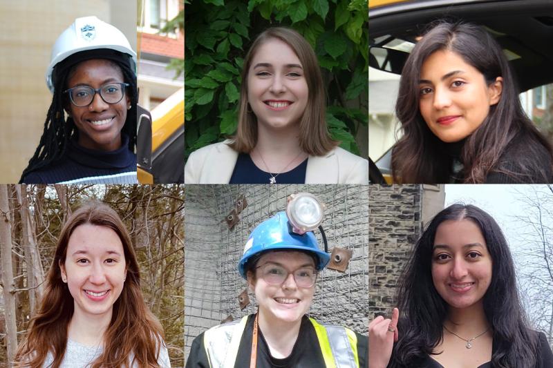 A composite image: photos of Valerie Ajayi, Laura Berneaga, Sayeh Bayat, Saanjali Maharaj, Marie-Eve Caron and Julia Bincik.