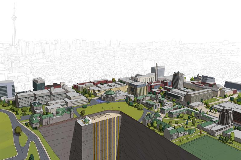 A drawing of the geoexchange dig on Front Campus shows how pipes will run into the ground half the height of the CN Tower.