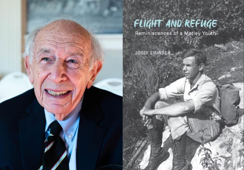 A close-up of Josef Eisinger on the left next to an image of the front cover of his memoir