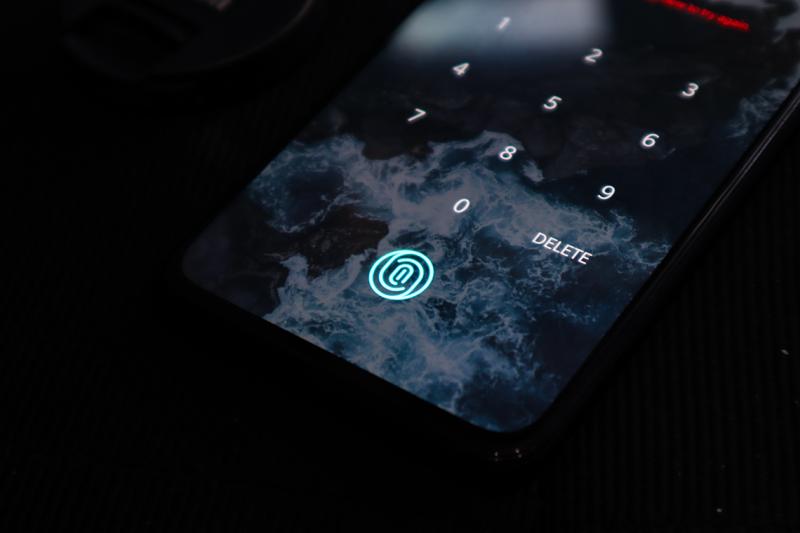 A smartphone screen displayes a fingerprint icon below a numeric keyboard.