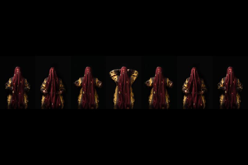 Seven photos stitched together: a woman in a gold robe and red veil raises her hands from waist to head and back again.