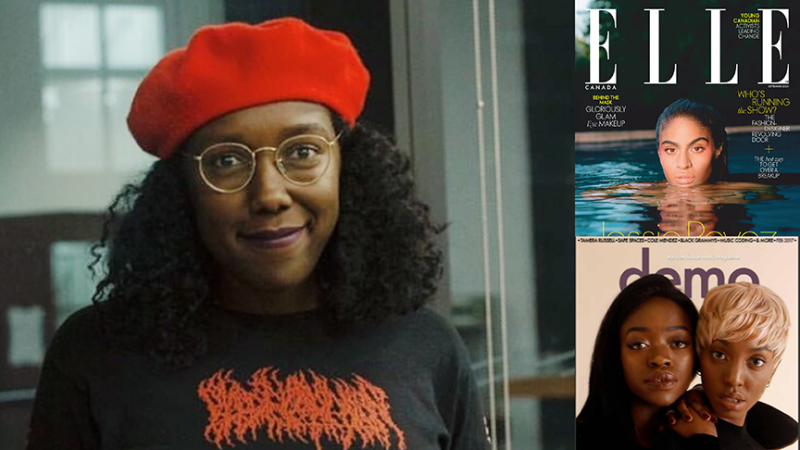 Composite: Photo of Melissa Vincent smiling, cover of Elle magazine, cover of Demo magazine.