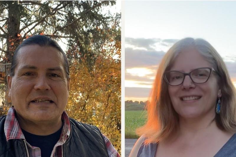Side by portraits of Randy Lundy and Kateri Akiwenzie-Damm, both smiling, both outdoors in nature.