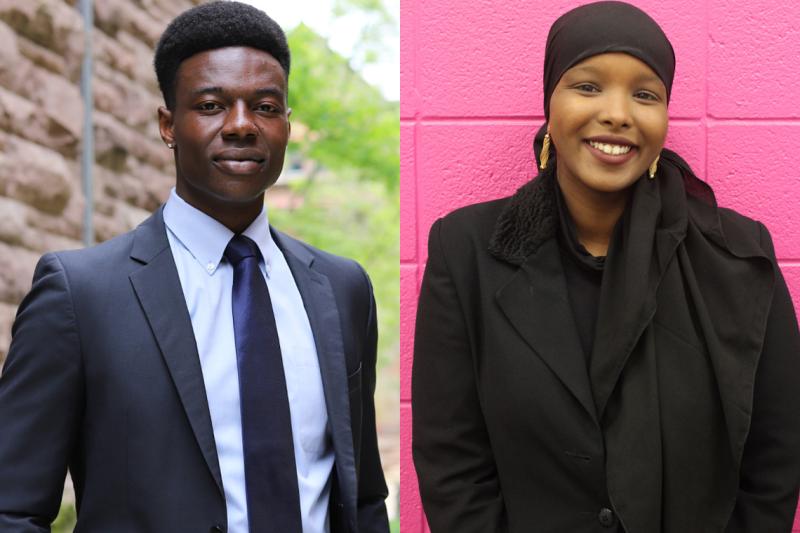 In two side-by-side portraits, Jeffrey Fasegha and Ikran Jama each stand outside near walls.