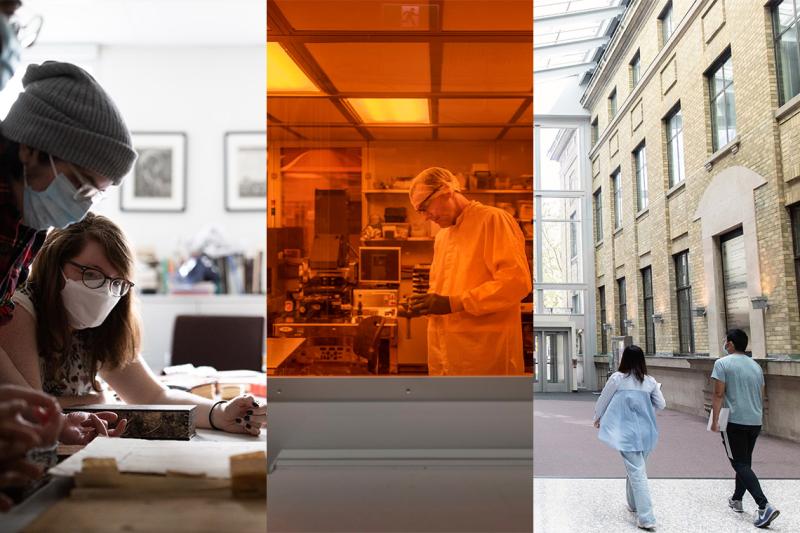 Composite: researchers looking at an ancient book, a scientist in a secure lab, students walking together.