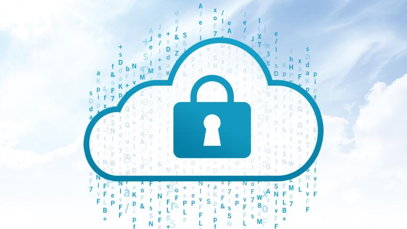 An illustration of a padlocked cloud raining random letters symbolizes the work of cryptography startup SHIELD Crypto Systems