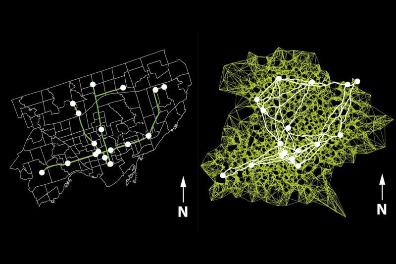 A subway map with 17 nodes, on top of a drawing of a slime mould-inspired network. It connects the nodes in multiple ways.
