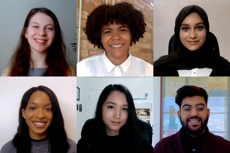 A grid of portraits: Natasha Djuric, Rebekah Robinson, Roshaneh Jaffer, Mueed Fiaz, Jayra Almanzor and Obianuju Nwadike.