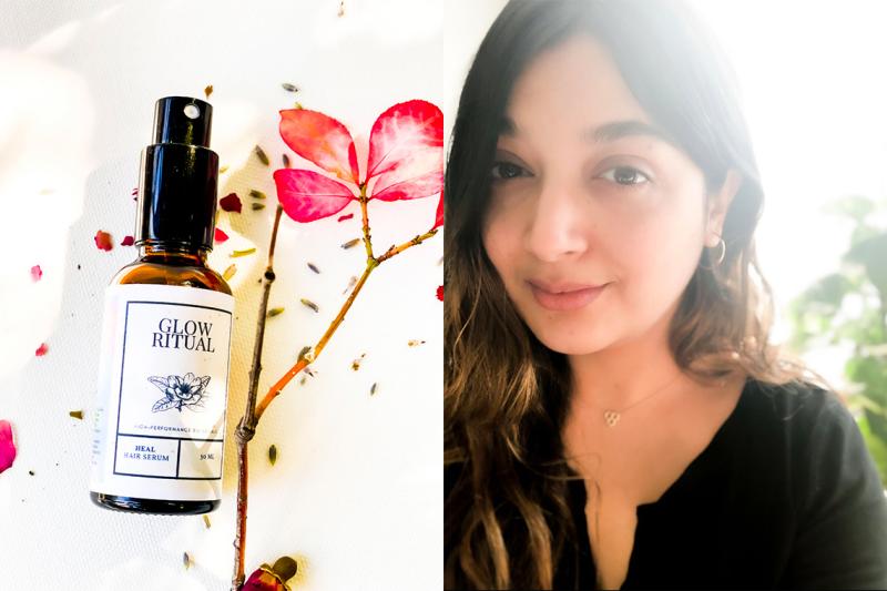 Composite image: Sumera Nabi smiling, and a small glass bottle with a label reading, Glow Ritual.