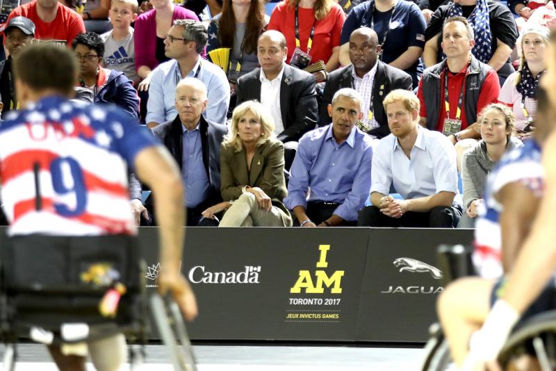 Former U.S. president Barack Obama, Prince Harry, former VP Joe Biden and his wife Jill watch wheelchair basketball at the Toronto Pan Am Sports Centre at U of T Scarborough (photo by Chris Jackson/Getty Images for the Invictus Games Foundation )