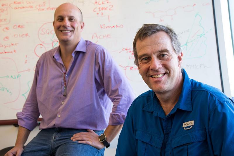 With the help of a $1.5-million grant, U of T's Aled Edwards (right) and business partner Owen Roberts (left) will forgo patents and profits to tackle diseases like Parkinson's and ALS (photo by Chris Sorensen) 