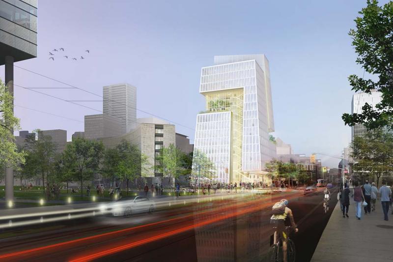 A rendering of phase one of the new University of Toronto innovation centre at the corner of College Street and University Avenue, as viewed from the west (all renderings courtesy of Weiss/Manfredi Architects) 