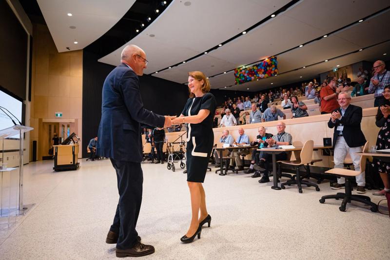 Professor Emeritus Ron Venter, chair of the building planning committee, and Dean Cristina Amon during opening remarks for the Myhal Centre open house (photo by Neil Ta) 