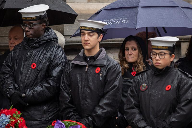 Foreign Affairs Minister Chrystia Freeland looks on during a service of remembrance at the University of Toronto's downtown campus (photo by Nick Iwanyshyn) 