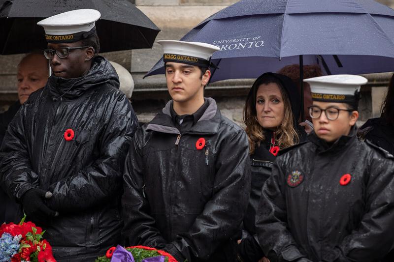 Foreign Affairs Minister Chrystia Freeland looks on during a service of remembrance at the University of Toronto's downtown campus (photo by Nick Iwanyshyn)