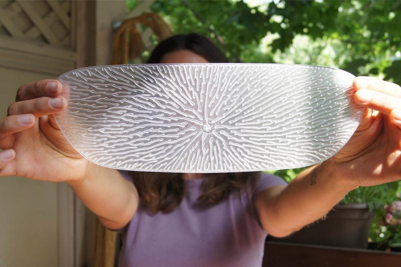 A woman holds up Undu, a thin silicone oblong covered with tiny branching veins.