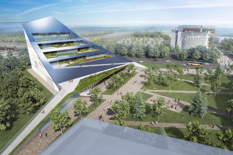 An illustration of a wedge-shaped building covered in solar panels and with gardens growing on four terraces. (courtesy of U of T Scarborough and Centennial College)