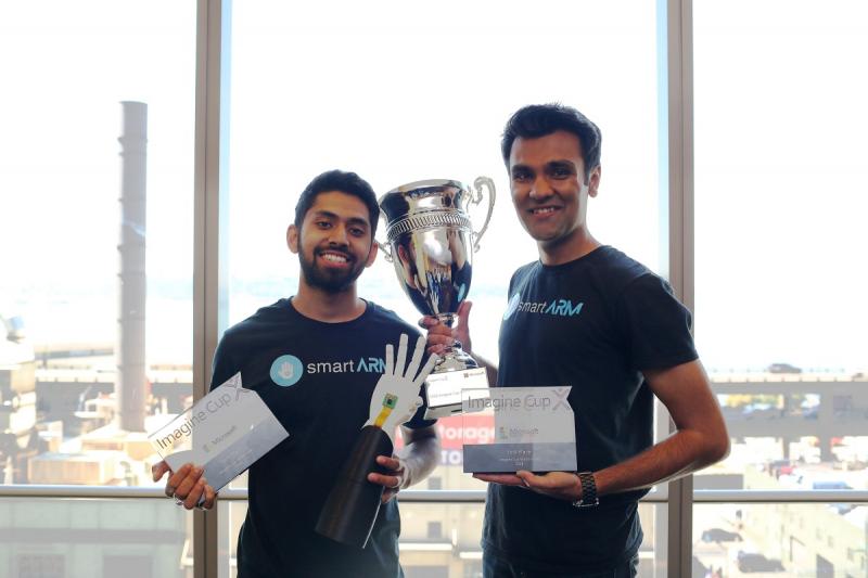 smartARM wins the Imagine World Cup Finals: Undergraduates Hamayal Choudhry from UOIT and Samin Khan from U of T, who is demonstrating the prosthetic (photo courtesy of Microsoft Imagine Cup) 