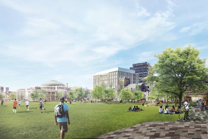An artists' rendering of Front Campus shows a green space edged with trees and pedestrian walkways.