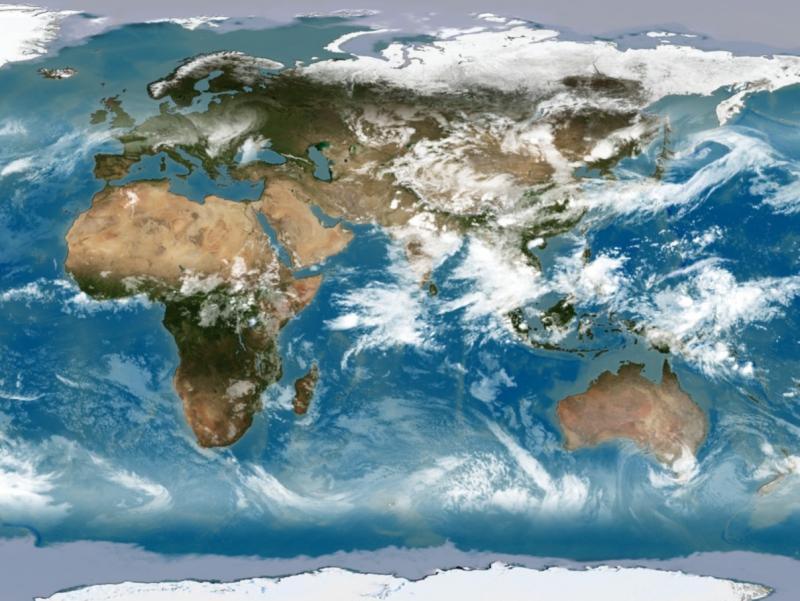 Earth's oceans from space. Image by NASA/Goddard Space Flight Center Scientific Visualization Studio The Blue Marble Next Generation data is courtesy of Reto Stockli (NASA/GSFC) and NASA's Earth Observatory.  The Blue Marble data is courtesy of Reto Stockli (NASA/GSFC). 
