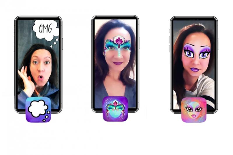 Three selfies of Lianne Tokey with filters: an “OMG!” thought bubble, artistic face painting, and cartoon eyes and lips.
