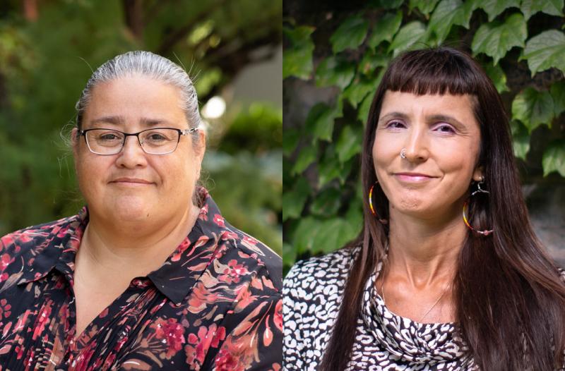 Susan Hill and Suzanne Stewart smile in two side-by-side photos, both taken outdoors in a garden.