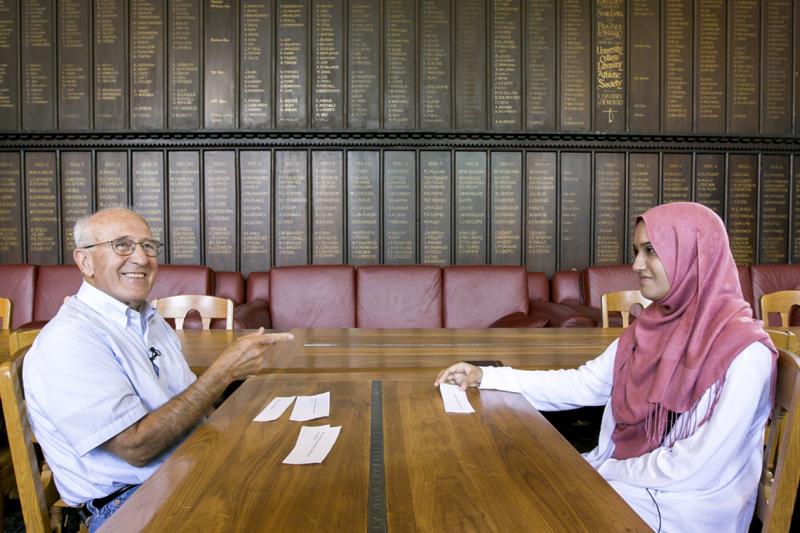 Joe Goren, a 77-year-old student in English and art history, and Sakina Rizvi, an 18-year-old student in the history of religions, are believed to be U of T's oldest and youngest graduates in 2018 (photo by Lisa Lightbourn) 